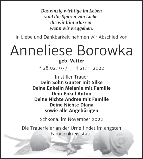 Traueranzeige von Anneliese Borowka von Trauerkombi Wittenberg