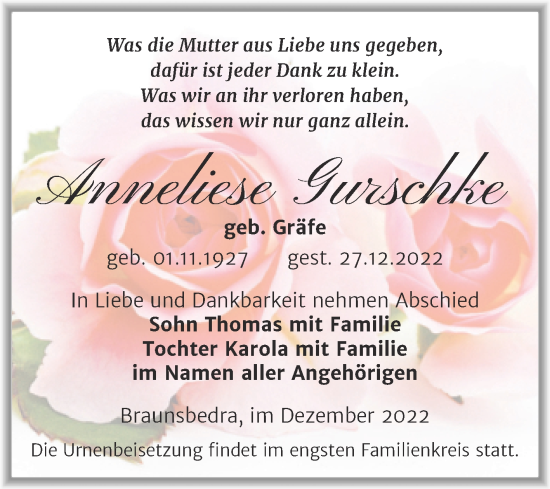 Traueranzeige von Anneliese Gurschke von Trauerkombi Merseburg