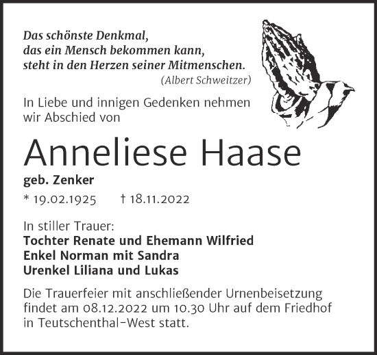 Traueranzeige von Anneliese Haase von Mitteldeutsche Zeitung Halle/Saalkreis