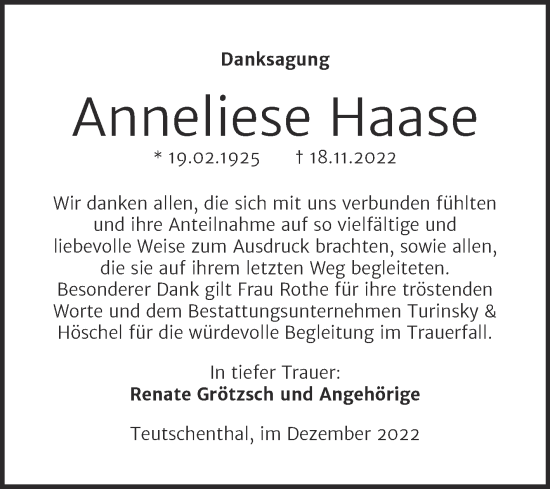 Traueranzeige von Anneliese Haase von Mitteldeutsche Zeitung Halle/Saalkreis