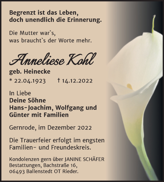 Traueranzeige von Anneliese Kohl von Trauerkombi Quedlinburg