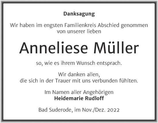 Traueranzeige von Anneliese Müller von Trauerkombi Quedlinburg