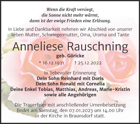 Traueranzeige von Anneliese Rauschning von Trauerkombi Wittenberg
