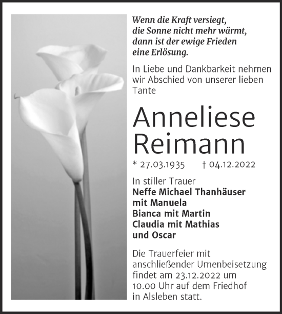 Traueranzeige von Anneliese Reimann von Trauerkombi Bernburg