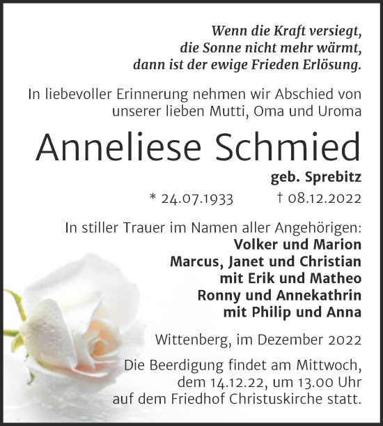 Traueranzeige von Anneliese Schmied von Trauerkombi Wittenberg