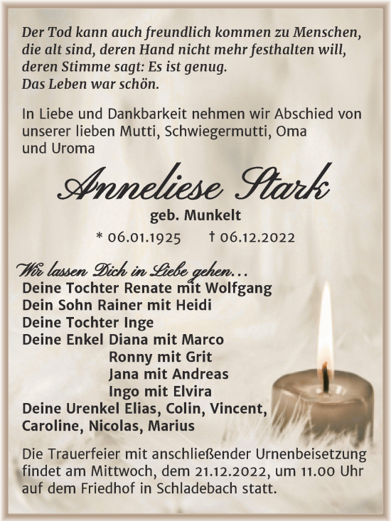 Traueranzeige von Anneliese Stark von Trauerkombi Merseburg