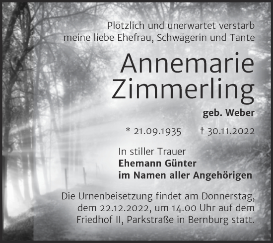 Traueranzeige von Annemarie Zimmerling von Trauerkombi Bernburg