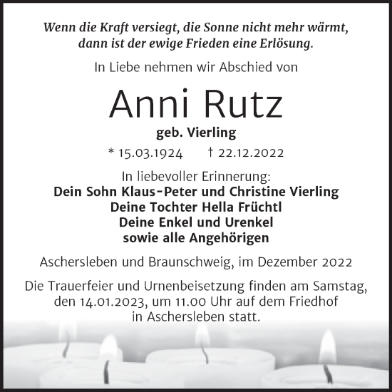 Traueranzeige von Anni Rutz von Trauerkombi Aschersleben
