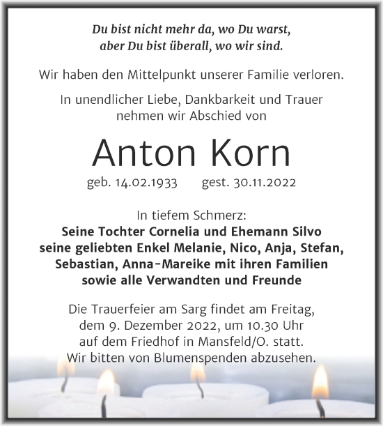 Traueranzeige von Anton Korn von Mitteldeutsche Zeitung Mansfelder Land