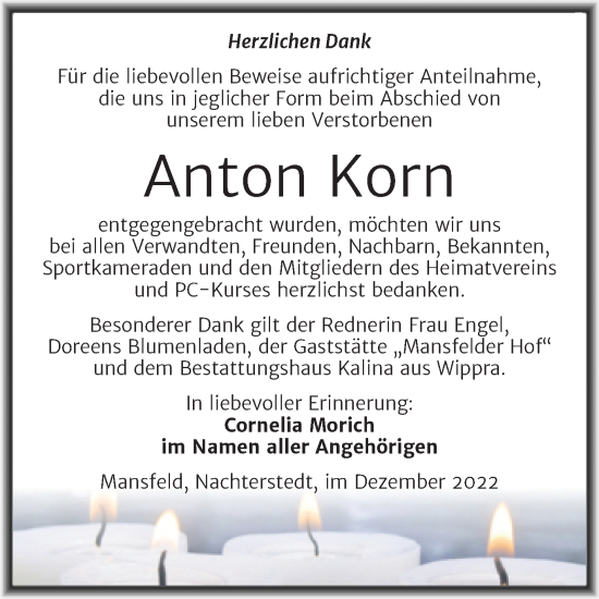 Traueranzeige von Anton Korn von Trauerkombi Mansfelder Land
