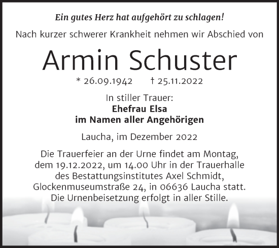 Traueranzeige von Armin Schuster von Wochenspiegel Naumburg/Nebra