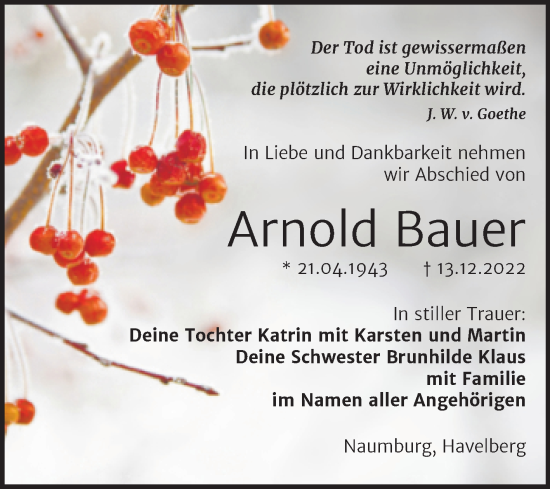 Traueranzeige von Arnold Bauer von Wochenspiegel Naumburg/Nebra