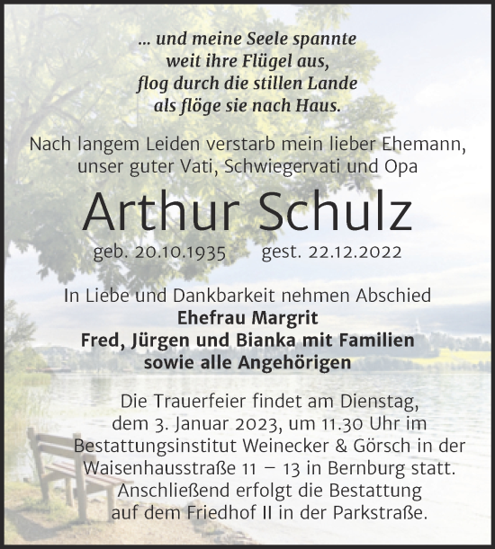 Traueranzeige von Arthur Schulz von Trauerkombi Bernburg