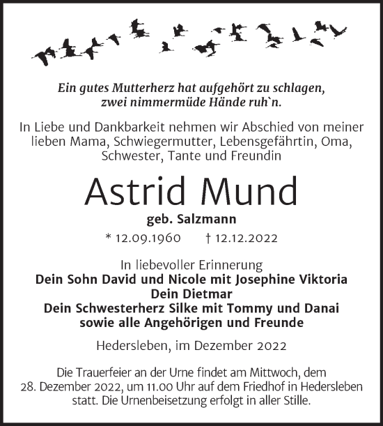 Traueranzeige von Astrid Mund von Trauerkombi Quedlinburg