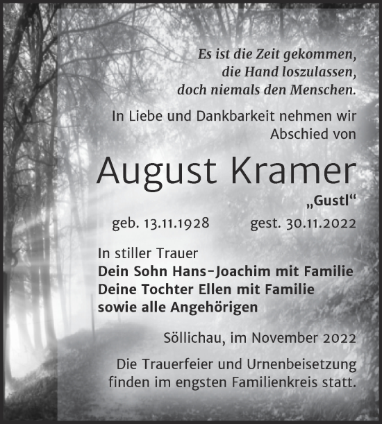 Traueranzeige von August Kramer von Trauerkombi Wittenberg