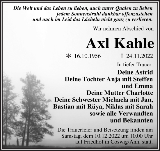 Traueranzeige von Axl Kahle von Trauerkombi Wittenberg