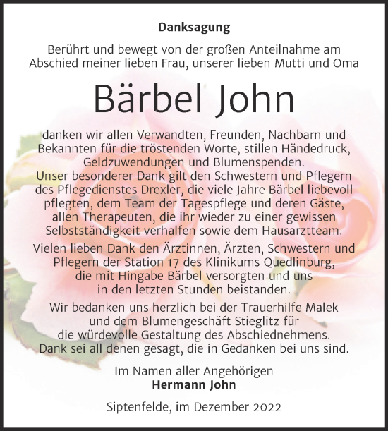 Traueranzeige von Bärbel John von Trauerkombi Quedlinburg