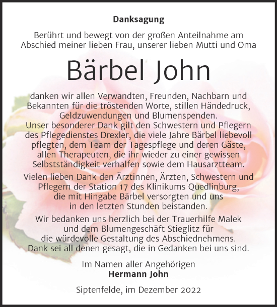 Traueranzeige von Bärbel John von Trauerkombi Quedlinburg