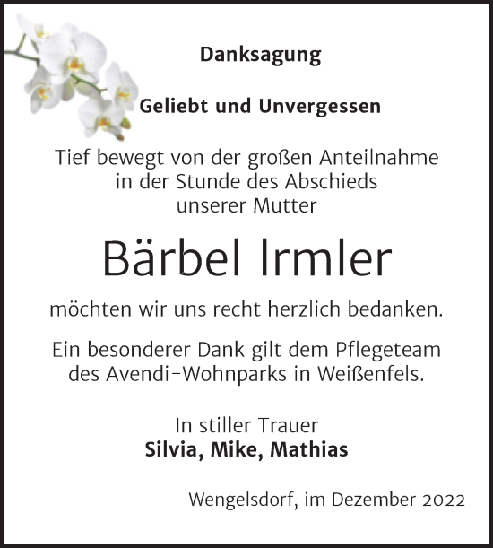 Traueranzeige von Bärbel lrmler von Trauerkombi Weißenfels