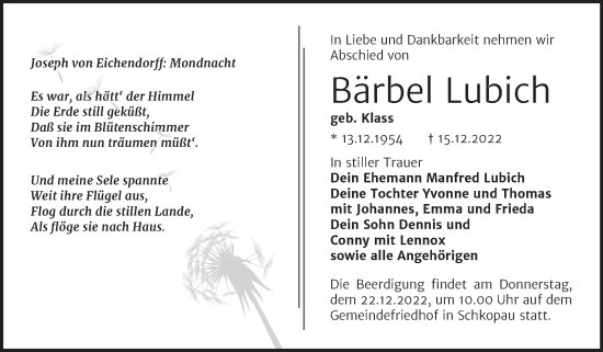 Traueranzeige von Bärbel Lubich von Trauerkombi Merseburg