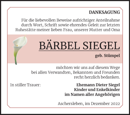 Traueranzeige von Bärbel Siegel von Trauerkombi Aschersleben