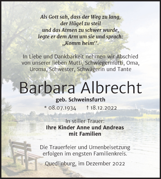 Traueranzeige von Barbara Albrecht von Trauerkombi Quedlinburg