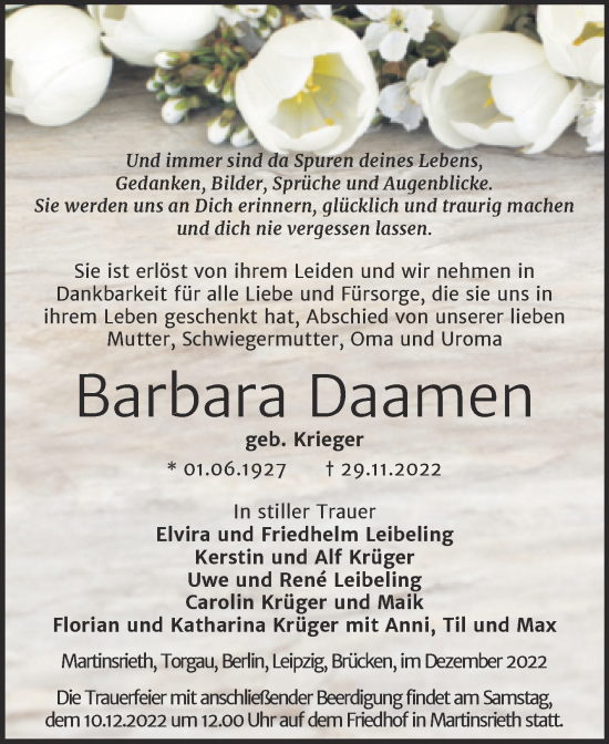 Traueranzeige von Barbara Daamen von Trauerkombi Sangerhausen