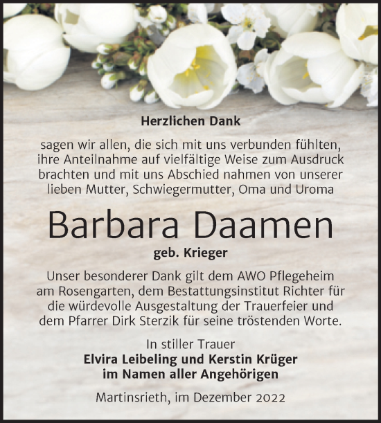 Traueranzeige von Barbara Daamen von Trauerkombi Sangerhausen