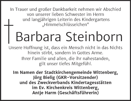 Traueranzeige von Barbara Steinborn von Super Sonntag Wittenberg