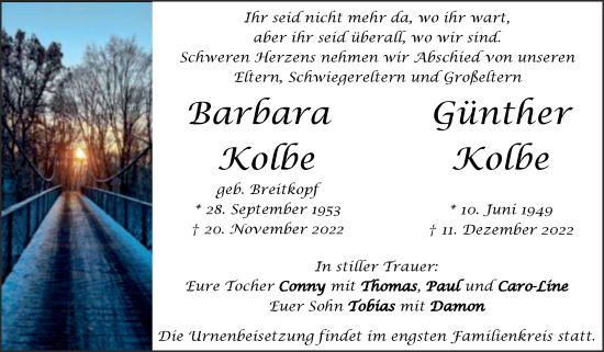 Traueranzeige von Barbara und Günther Kolbe von Mitteldeutsche Zeitung Halle/Saalkreis