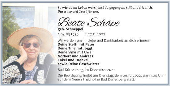 Traueranzeige von Beate Schäpe von Trauerkombi Merseburg
