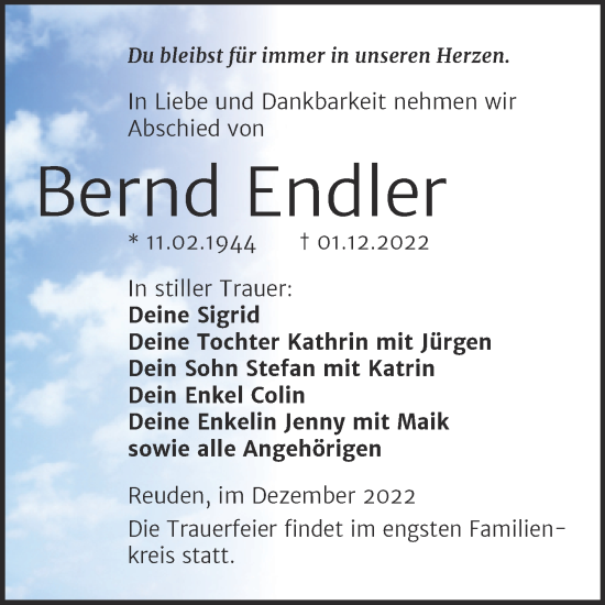 Traueranzeige von Bernd Endler von Trauerkombi Wittenberg
