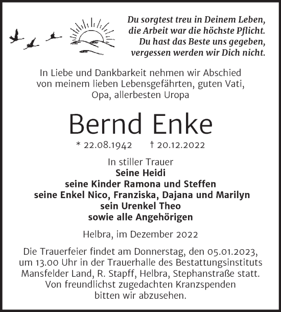 Traueranzeige von Bernd Enke von Trauerkombi Mansfelder Land