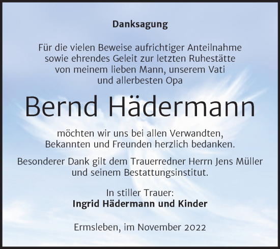 Traueranzeige von Bernd Hädermann von Trauerkombi Aschersleben