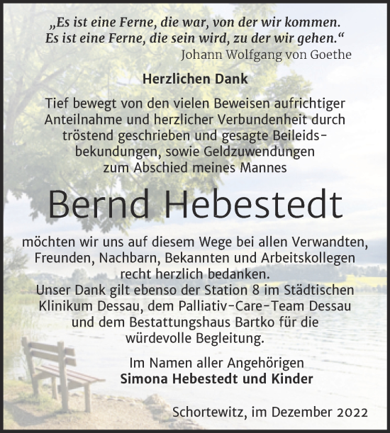 Traueranzeige von Bernd Hebestedt von Trauerkombi Köthen