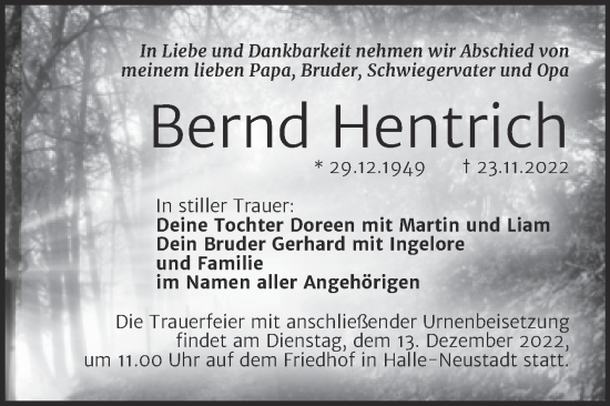 Traueranzeige von Bernd Hentrich von Mitteldeutsche Zeitung Halle/Saalkreis