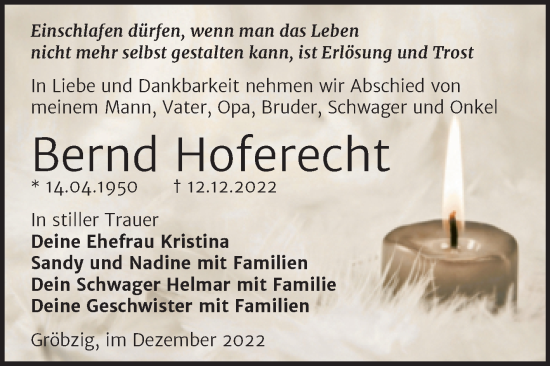 Traueranzeige von Bernd Hoferecht von Trauerkombi Köthen