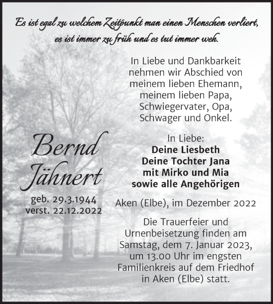 Traueranzeige von Bernd Jähnert von Trauerkombi Köthen