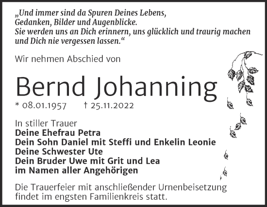 Traueranzeige von Bernd Johanning von Mitteldeutsche Zeitung Halle/Saalkreis