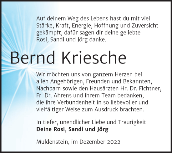 Traueranzeige von Bernd Kriesche von Trauerkombi Bitterfeld