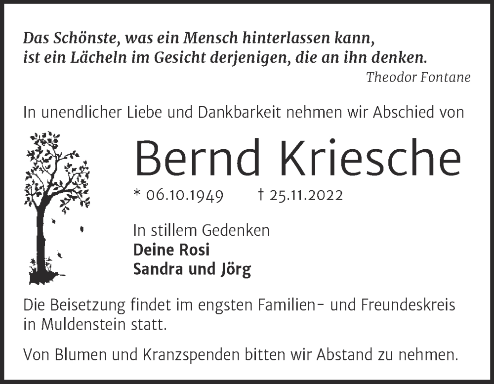  Traueranzeige für Bernd Kriesche vom 03.12.2022 aus Trauerkombi Bitterfeld