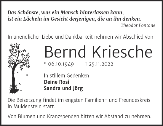 Traueranzeige von Bernd Kriesche von Trauerkombi Bitterfeld
