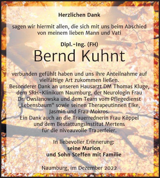 Traueranzeige von Bernd Kuhnt von Wochenspiegel Naumburg/Nebra