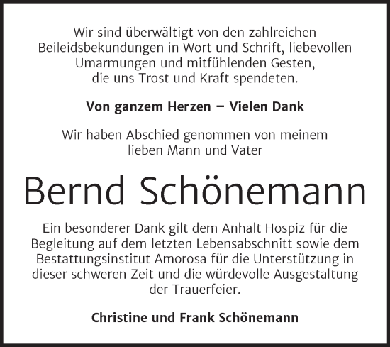 Traueranzeige von Bernd Schönemann von Trauerkombi Dessau