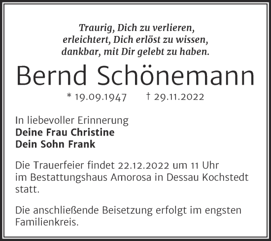 Traueranzeige von Bernd Schönemann von Trauerkombi Dessau