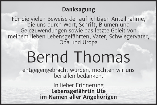 Traueranzeige von Bernd Thomas von Trauerkombi Merseburg