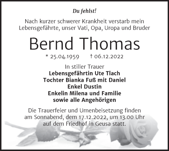 Traueranzeige von Bernd Thomas von Trauerkombi Merseburg