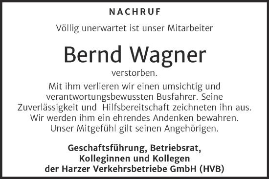 Traueranzeige von Bernd Wagner von Mitteldeutsche Zeitung Quedlingburg