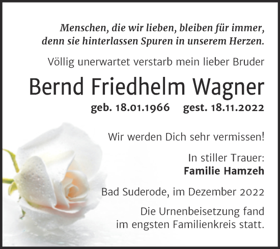 Traueranzeige von Bernd Friedhelm Wagner von Trauerkombi Quedlinburg