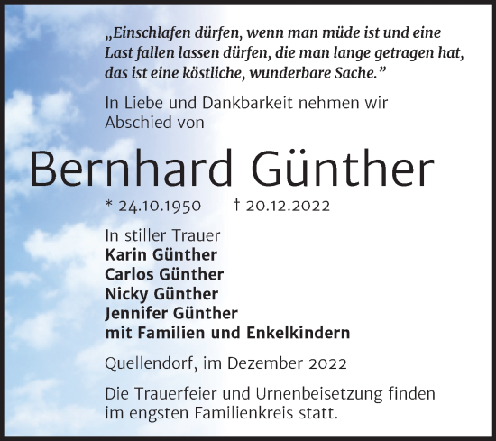 Traueranzeige von Bernhard Günther von Trauerkombi Köthen